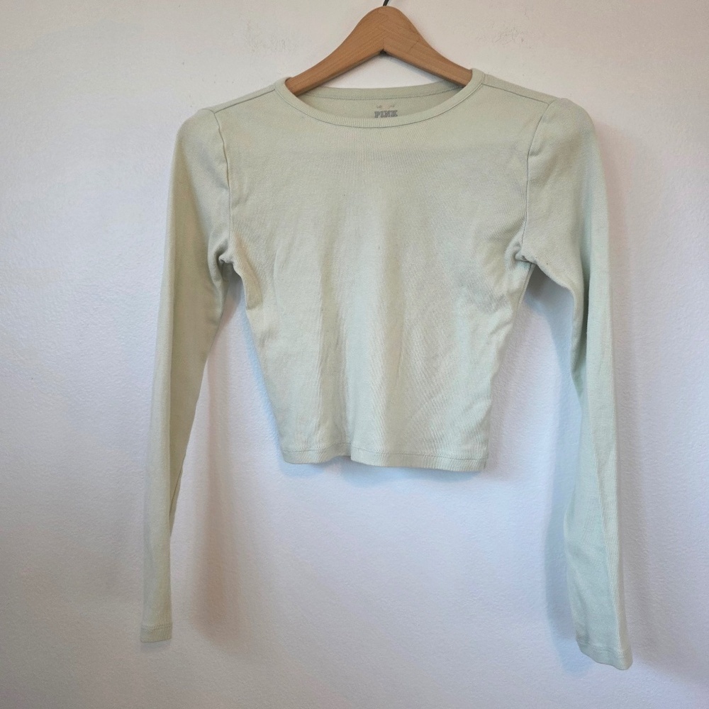 Victoria's Secret Pink Women's Mint Green Cropped Long Sleeve T-Shirt - XS